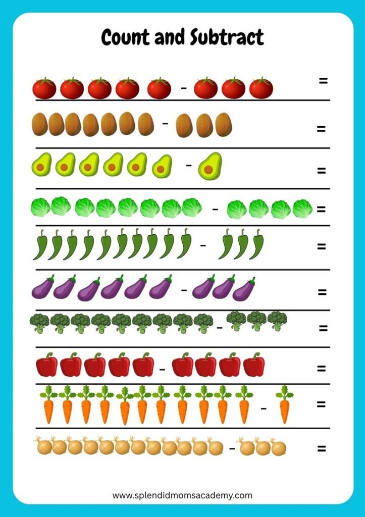subtraction free worksheets for kindergarten