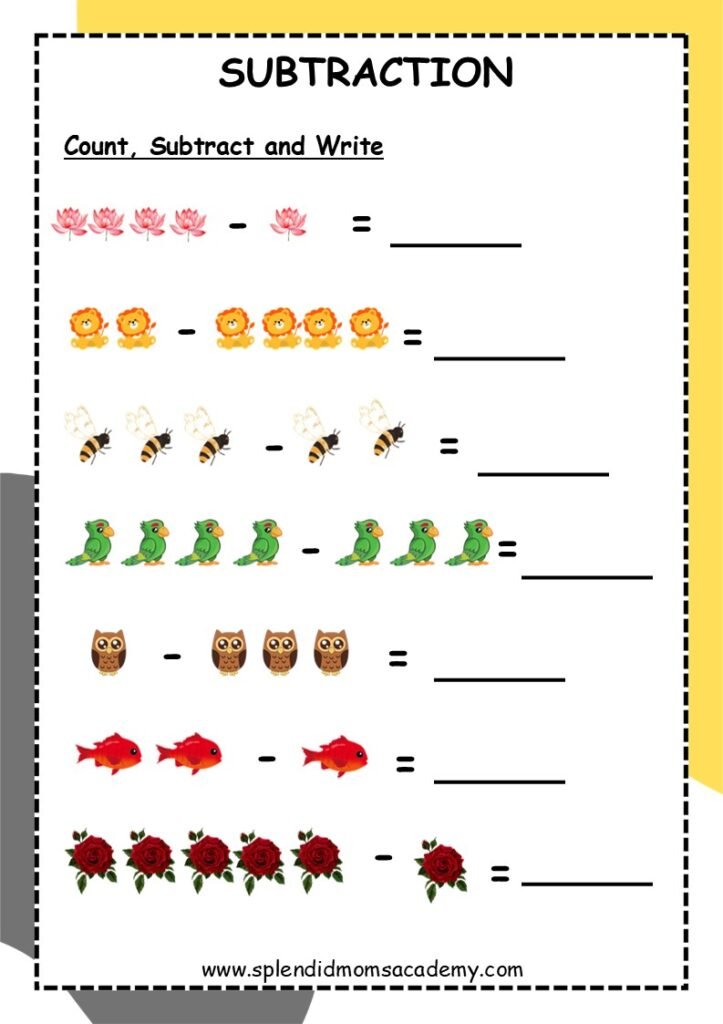 subtraction free worksheets for kindergarten