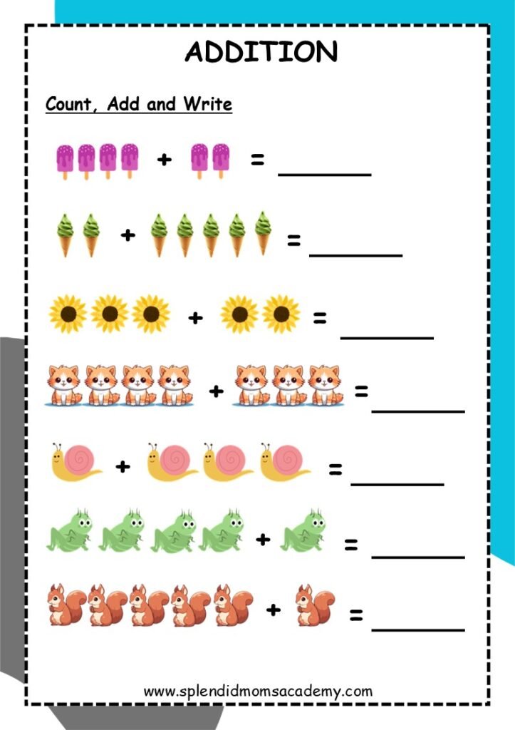 picture addition free math worksheet for kids