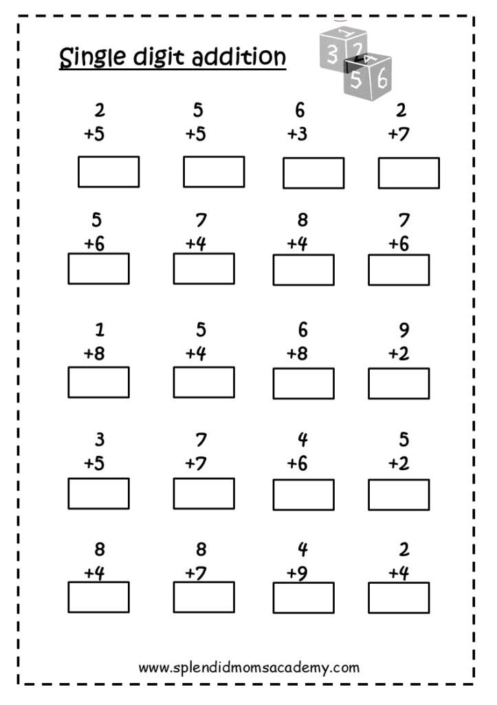 single digit addition math free worksheets for kids