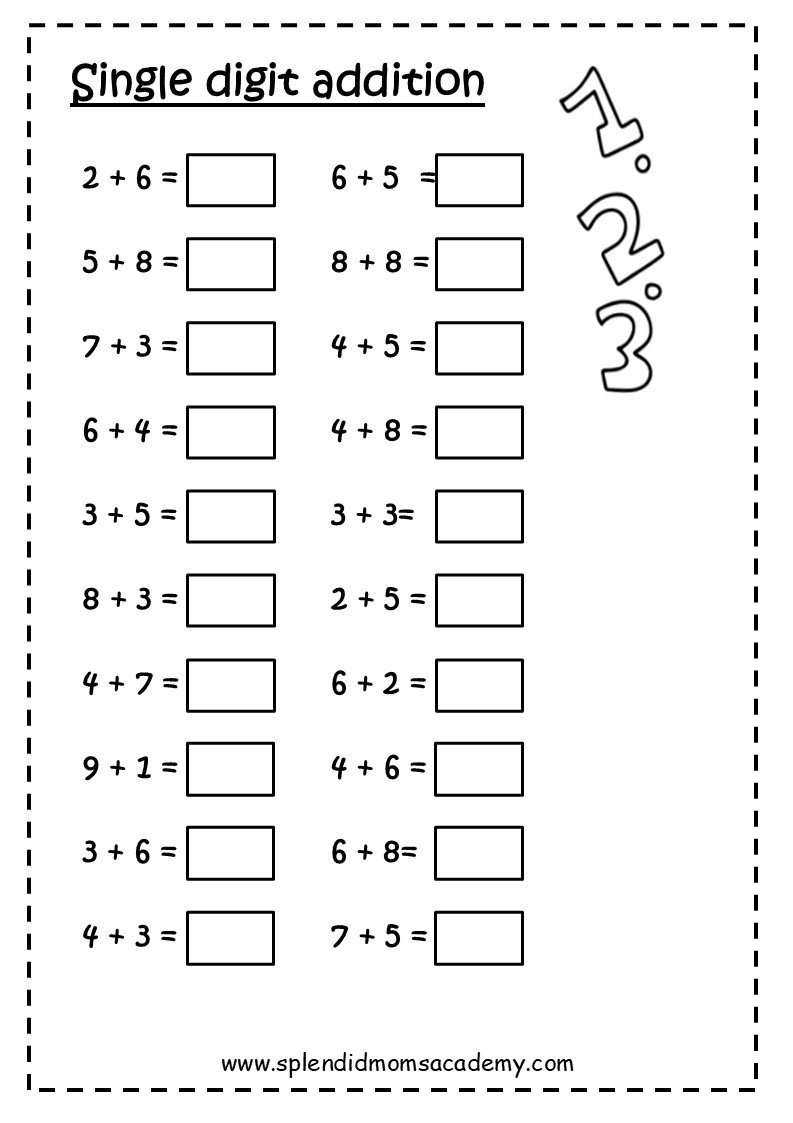 single digit addition math free worksheets for kids