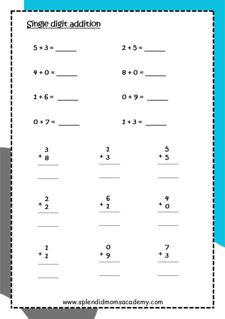 single digit addition math free worksheets for kids