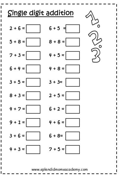 single digit addition math free worksheets for kids