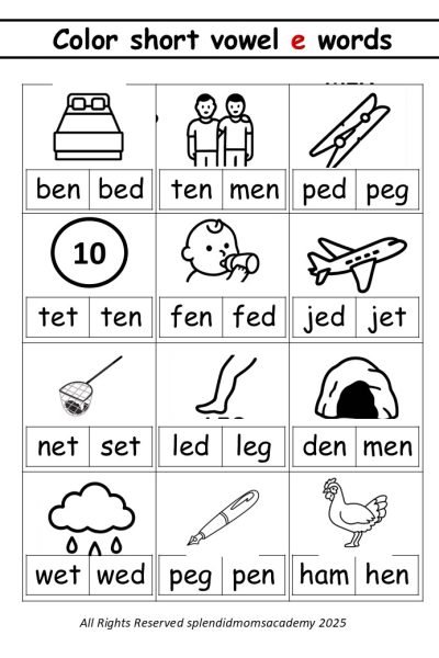 short vowel e cvc words free worksheets for kids